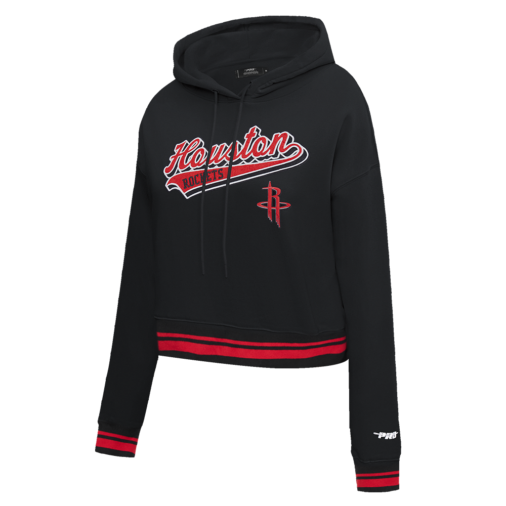 NBA HOUSTON ROCKETS SCRIPT TAIL WOMEN'S RIB FLEECE CROPPED PULLOVER HOODIE (BLACK/RED/BLACK)