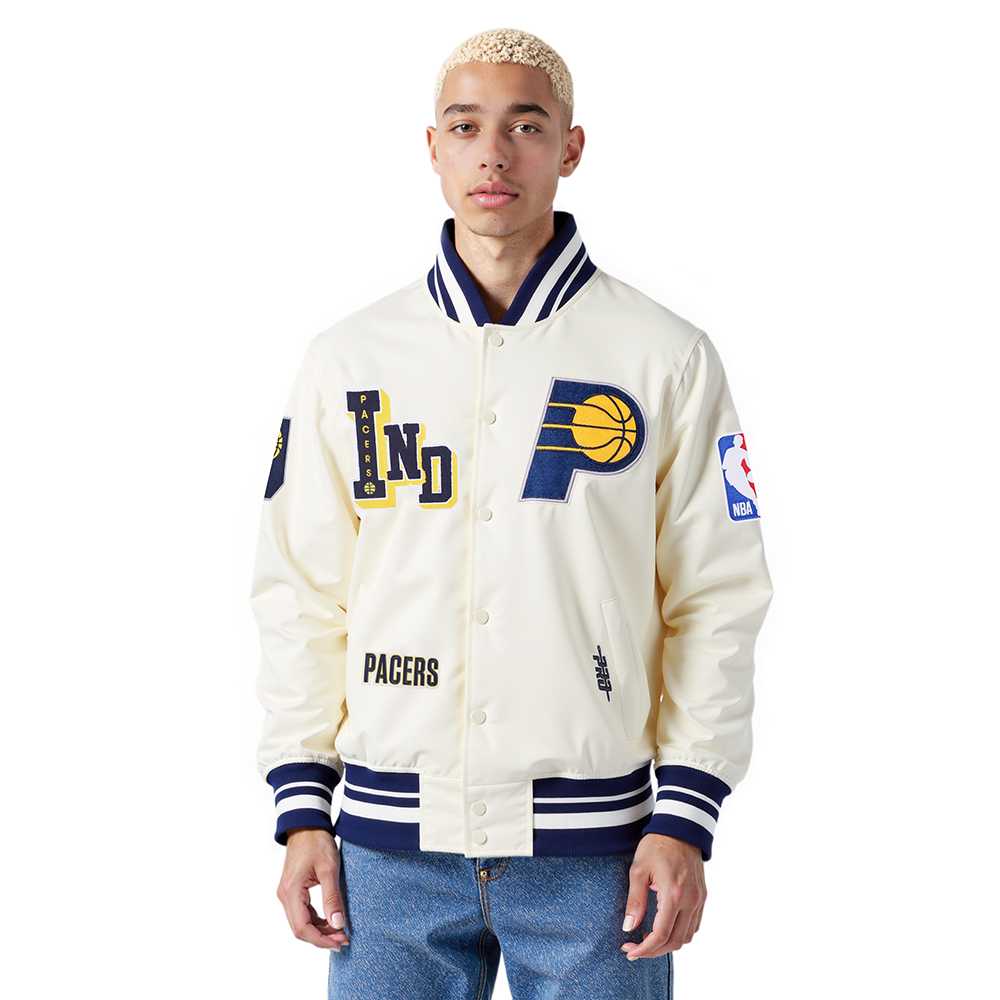 NBA INDIANA PACERS BEST OF BLOUSON EN SATIN À BORDS CÔTELÉS POUR HOMME (COQUILLE D'ŒUF/MARINE MINUIT)