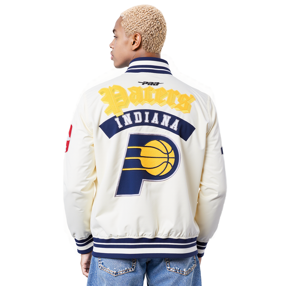 NBA INDIANA PACERS BEST OF BLOUSON EN SATIN À BORDS CÔTELÉS POUR HOMME (COQUILLE D'ŒUF/MARINE MINUIT)