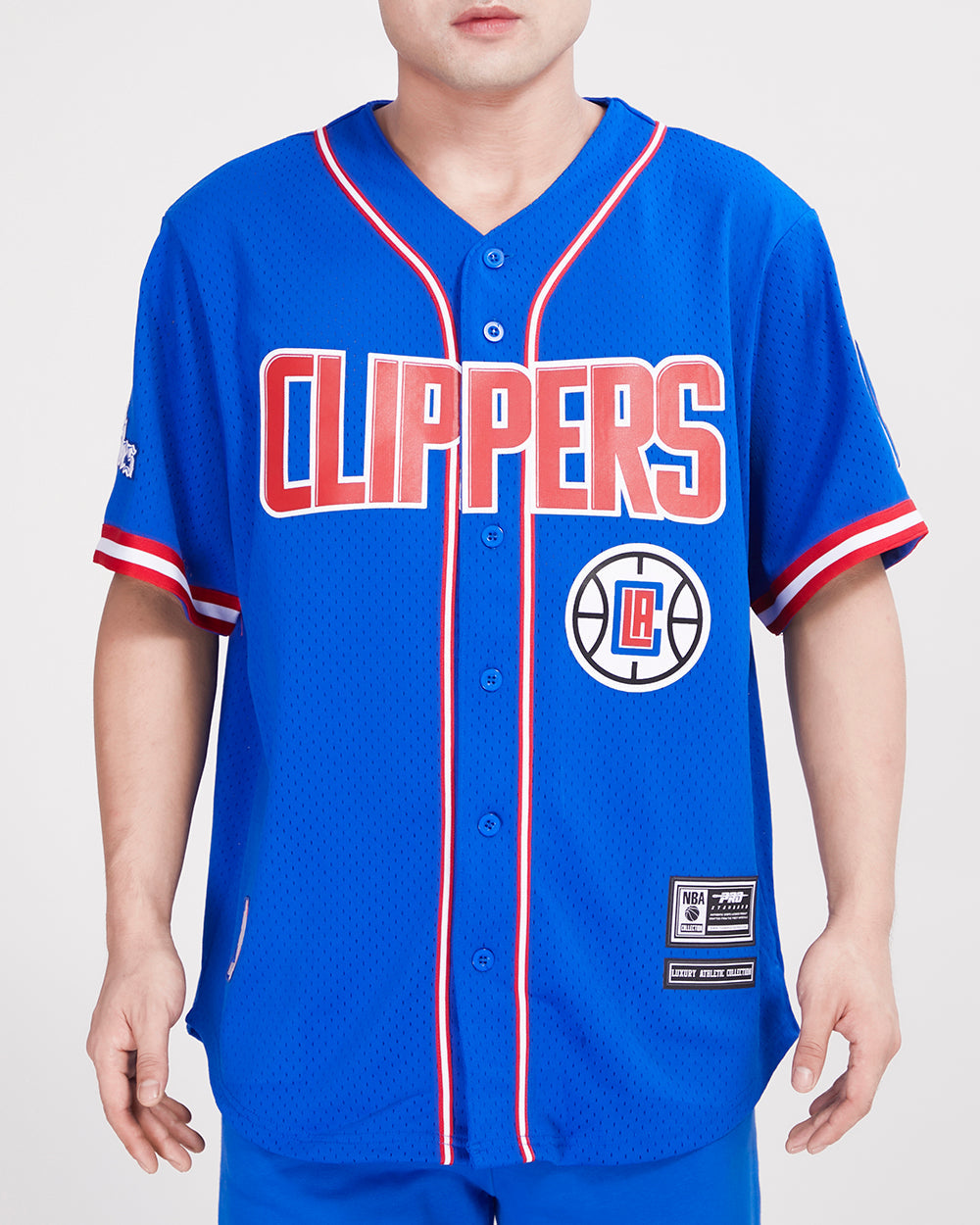 NBA LOS ANGELES CLIPPERS CLASSIC MEN'S MESH BUTTON DOWN JERSEY (ROYAL BLUE/RED)