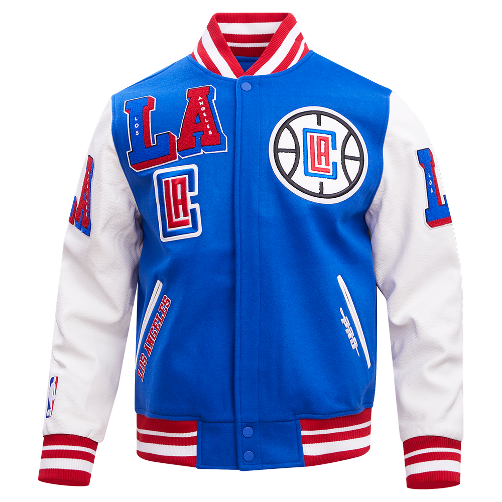 NBA LOS ANGELES CLIPPERS MASH UP BLOUSON COLLÉGIAL EN LAINE À BORDS CÔTELÉS POUR HOMME (BLEU ROYAL/ROUGE)