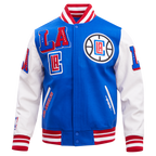 NBA LOS ANGELES CLIPPERS MASH UP BLOUSON COLLÉGIAL EN LAINE À BORDS CÔTELÉS POUR HOMME (BLEU ROYAL/ROUGE)