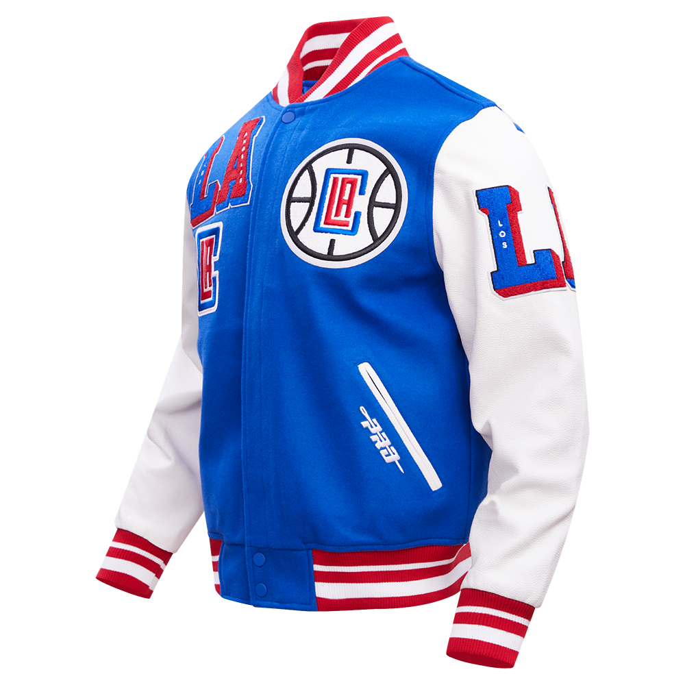 NBA LOS ANGELES CLIPPERS MASH UP BLOUSON COLLÉGIAL EN LAINE À BORDS CÔTELÉS POUR HOMME (BLEU ROYAL/ROUGE)