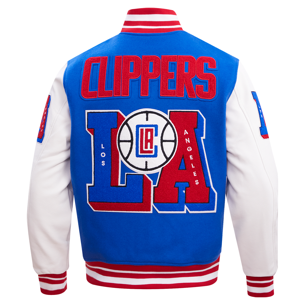 NBA LOS ANGELES CLIPPERS MASH UP BLOUSON COLLÉGIAL EN LAINE À BORDS CÔTELÉS POUR HOMME (BLEU ROYAL/ROUGE)