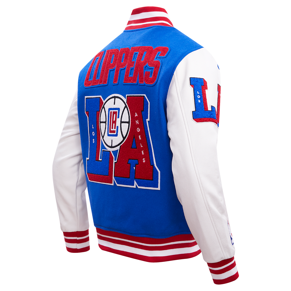NBA LOS ANGELES CLIPPERS MASH UP BLOUSON COLLÉGIAL EN LAINE À BORDS CÔTELÉS POUR HOMME (BLEU ROYAL/ROUGE)