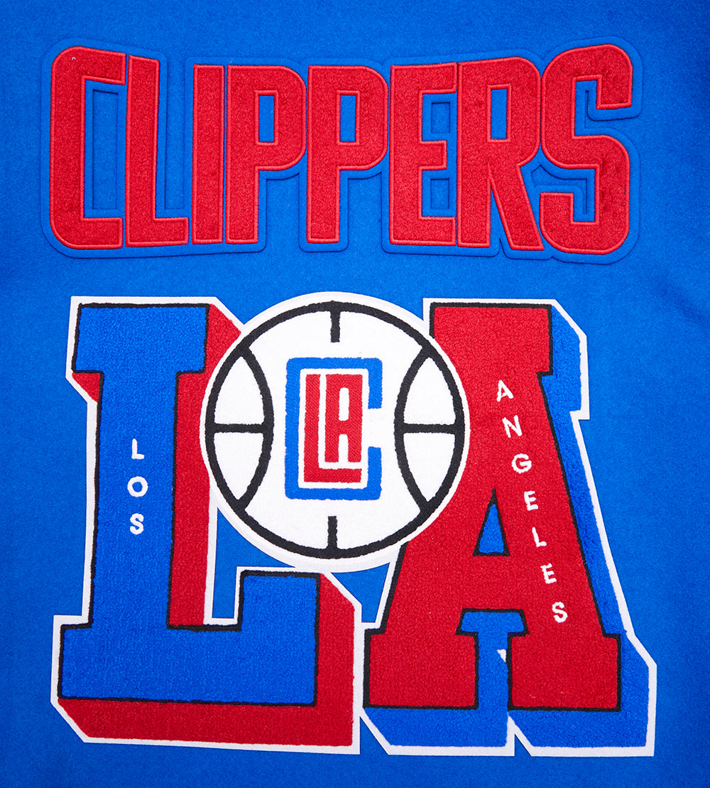 NBA LOS ANGELES CLIPPERS MASH UP BLOUSON COLLÉGIAL EN LAINE À BORDS CÔTELÉS POUR HOMME (BLEU ROYAL/ROUGE)