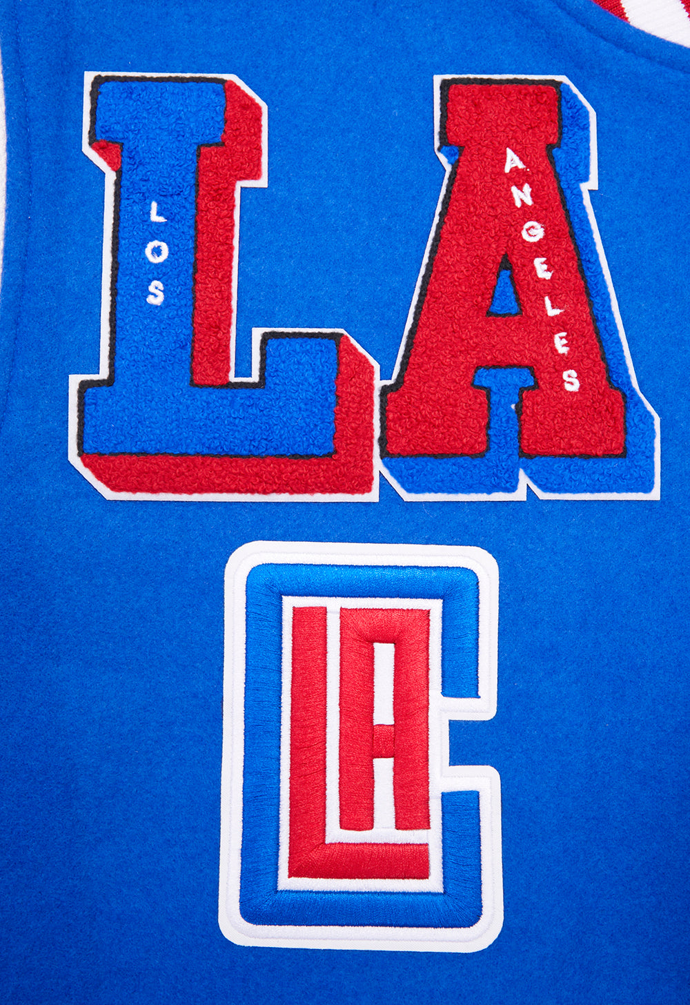 NBA LOS ANGELES CLIPPERS MASH UP BLOUSON COLLÉGIAL EN LAINE À BORDS CÔTELÉS POUR HOMME (BLEU ROYAL/ROUGE)