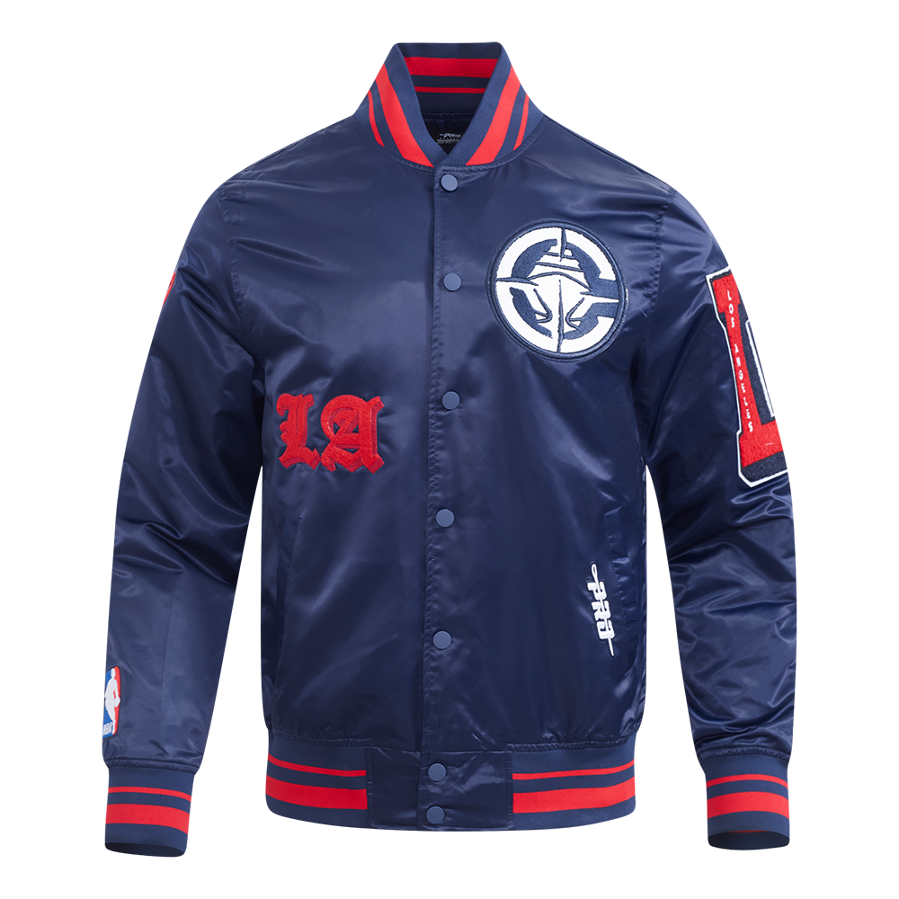NBA LOS ANGELES CLIPPERS CLASSIC OLD ENGLISH MEN'S RIB SATIN JACKET (MIDNIGHT NAVY/RED/MIDNIGHT NAVY)