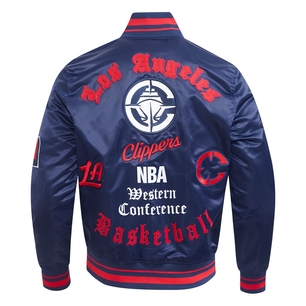 NBA LOS ANGELES CLIPPERS CLASSIC OLD ENGLISH MEN'S RIB SATIN JACKET (MIDNIGHT NAVY/RED/MIDNIGHT NAVY)