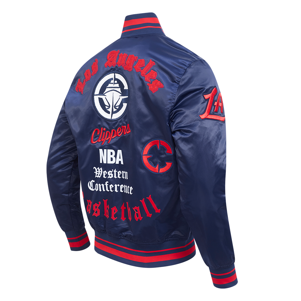 NBA LOS ANGELES CLIPPERS CLASSIC OLD ENGLISH MEN'S RIB SATIN JACKET (MIDNIGHT NAVY/RED/MIDNIGHT NAVY)
