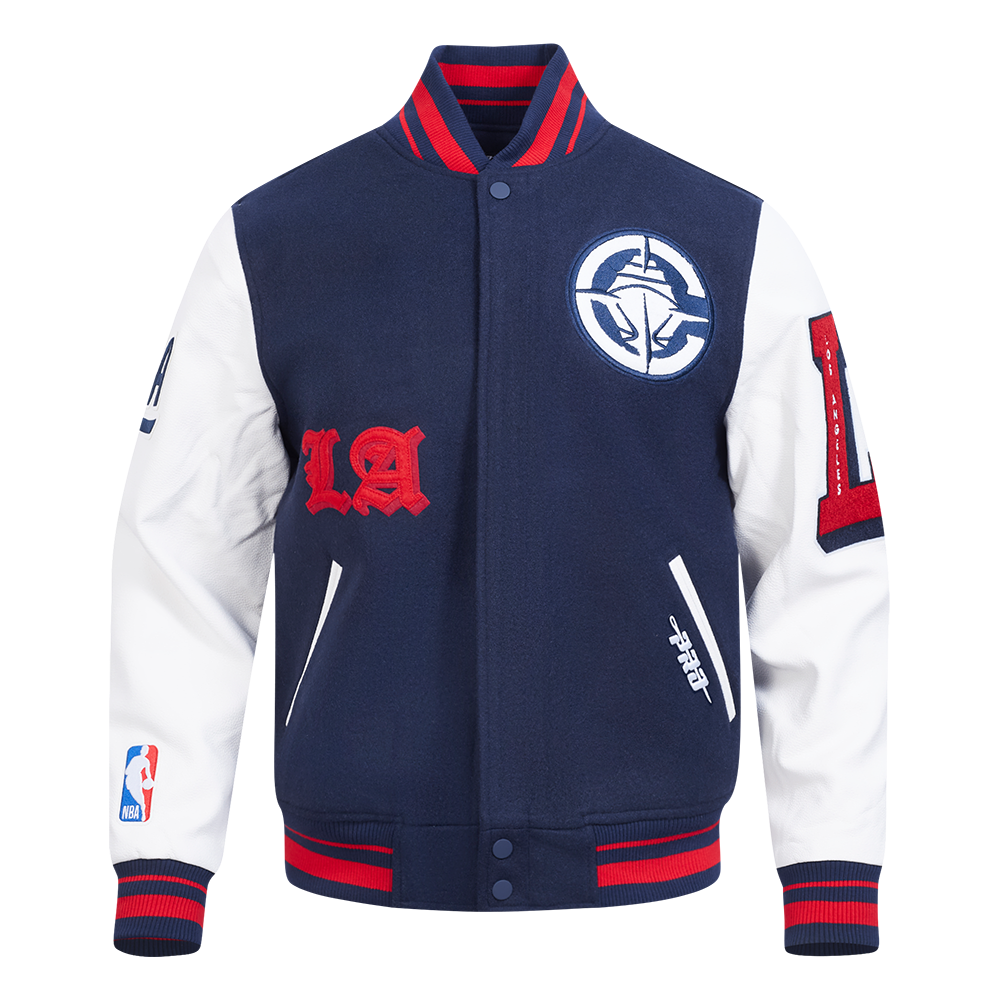 NBA LOS ANGELES CLIPPERS OLD ENGLISH MEN'S VARSITY JACKET (MIDNIGHT NAVY/RED/MIDNIGHT NAVY)