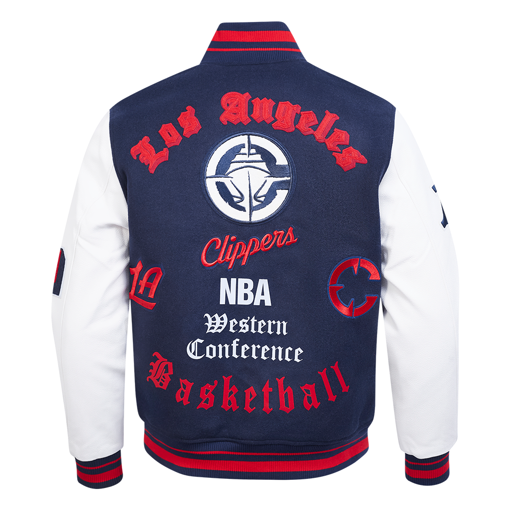 NBA LOS ANGELES CLIPPERS OLD ENGLISH MEN'S VARSITY JACKET (MIDNIGHT NAVY/RED/MIDNIGHT NAVY)