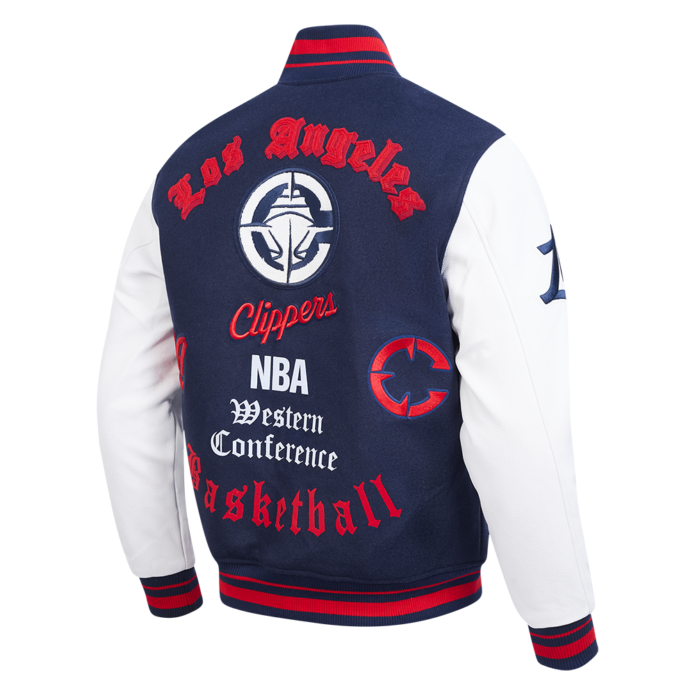 NBA LOS ANGELES CLIPPERS OLD ENGLISH MEN'S VARSITY JACKET (MIDNIGHT NAVY/RED/MIDNIGHT NAVY)