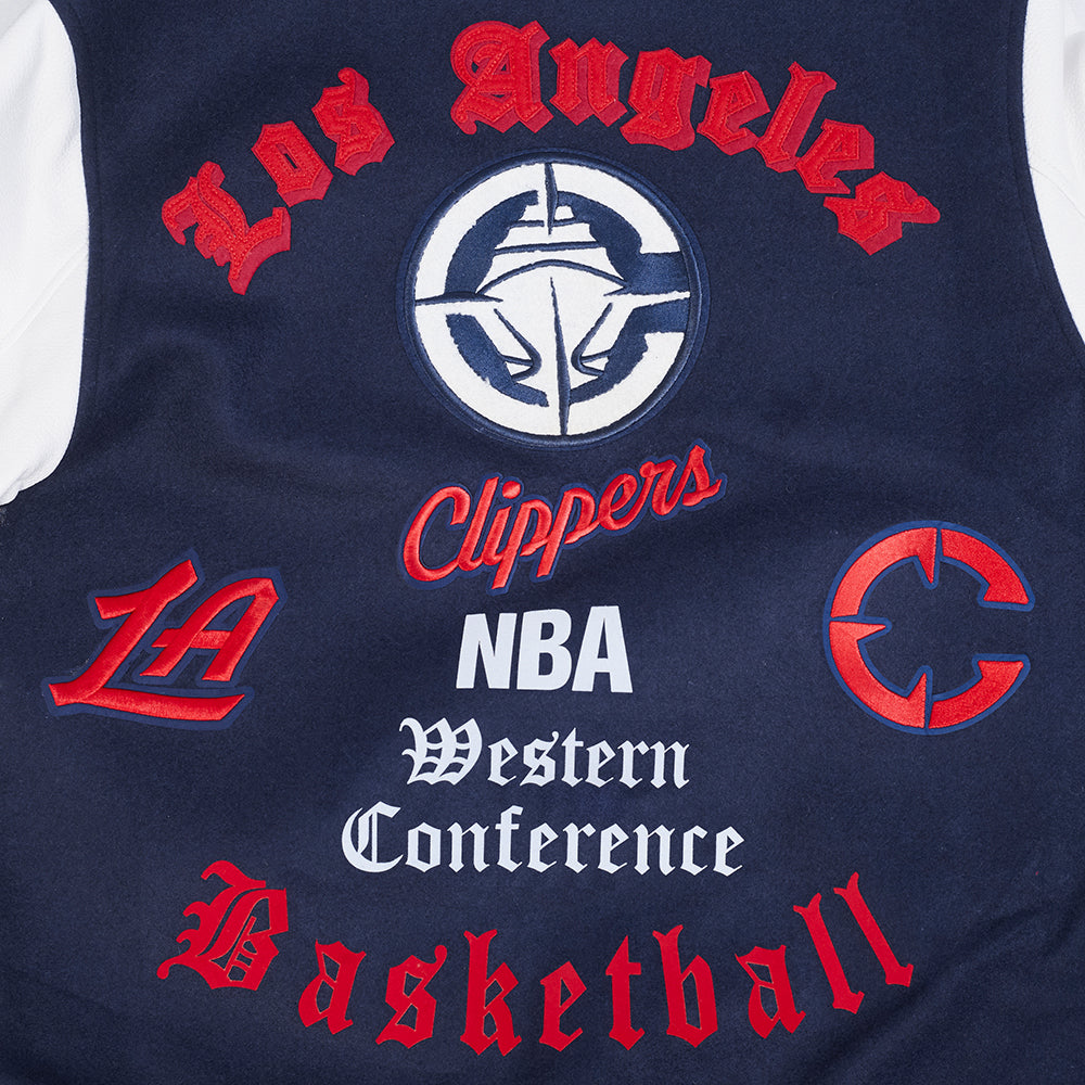 NBA LOS ANGELES CLIPPERS OLD ENGLISH MEN'S VARSITY JACKET (MIDNIGHT NAVY/RED/MIDNIGHT NAVY)