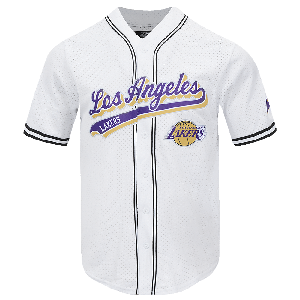 NBA LOS ANGELES LAKERS SCRIPT TAIL MEN'S MESH BUTTON DOWN SHIRT (WHITE/BLACK/WHITE)
