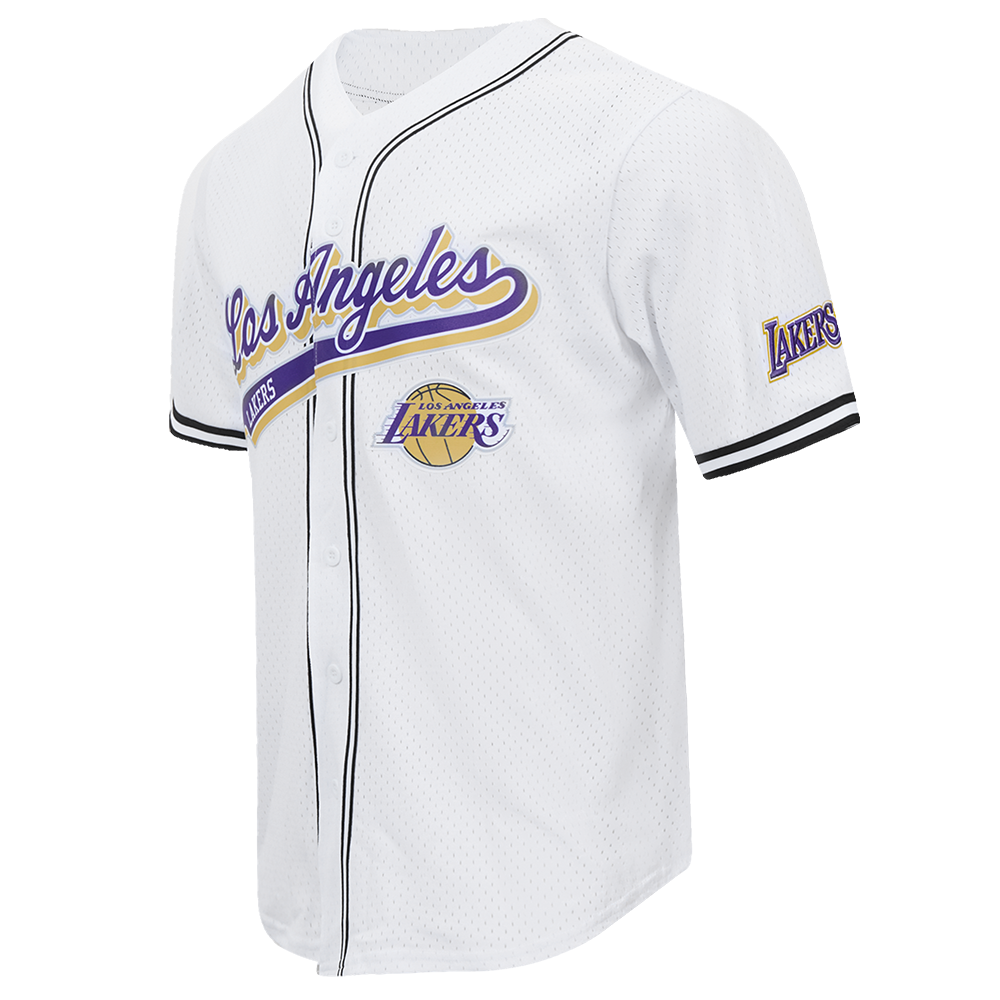 NBA LOS ANGELES LAKERS SCRIPT TAIL MEN'S MESH BUTTON DOWN SHIRT (WHITE/BLACK/WHITE)