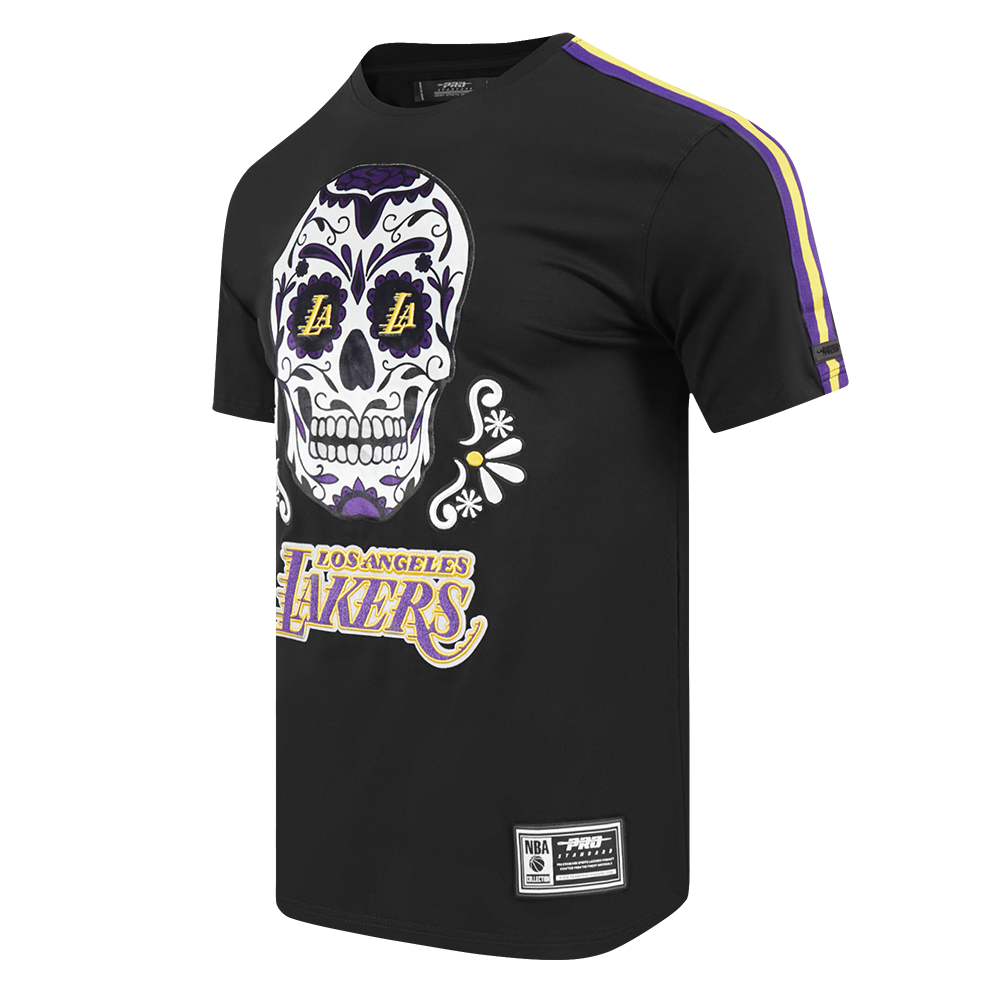 NBA LOS ANGELES LAKERS SUGAR SKULL MEN'S SINGLE JERSEY STRIPED TEE (BLACK/PURPLE)