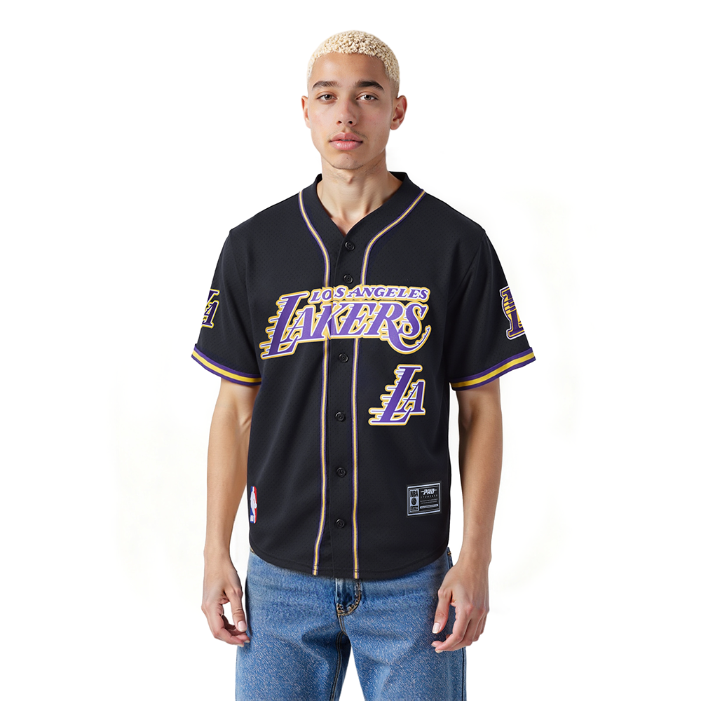 NBA LOS ANGELES LAKERS LOGO MEN'S MESH BUTTON UP SHIRT (BLACK/PURPLE)