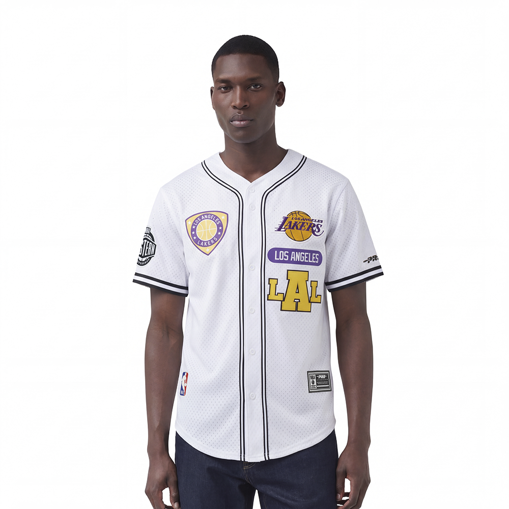 NBA LOS ANGELES LAKERS LETTERMAN HAUT BOUTONNÉ EN FILET POUR HOMME (BLANC/NOIR/BLANC)