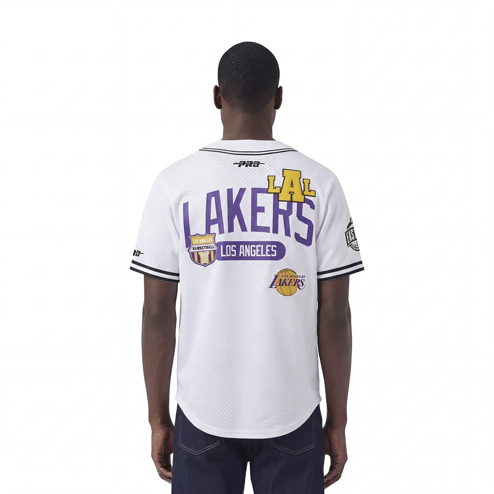 NBA LOS ANGELES LAKERS LETTERMAN MEN'S BUTTON DOWN MESH TOP (WHITE/BLACK/WHITE)