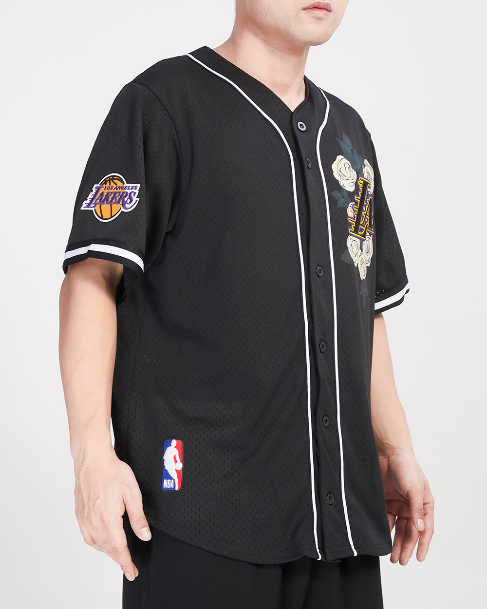 NBA LOS ANGELES LAKERS ROSES MEN'S MESH BUTTON UP JERSEY (BLACK)