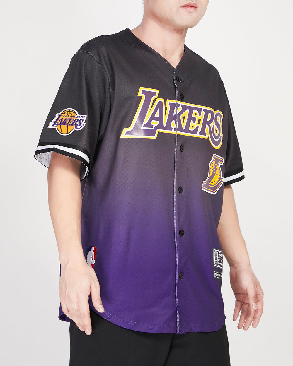 NBA LOS ANGELES LAKERS TEAM MEN'S MESH BUTTON DOWN SHIRT (BLACK/PURPLE)