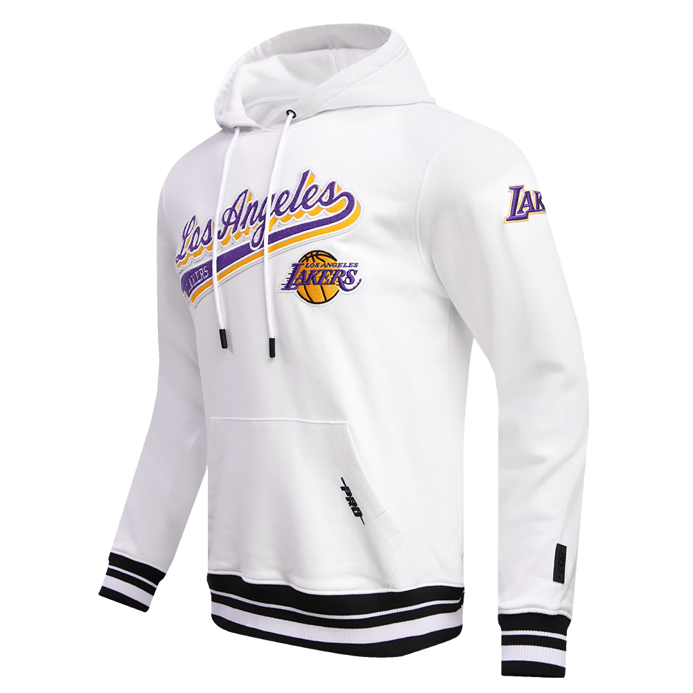 NBA LOS ANGELES LAKERS SCRIPT TAIL MEN'S RIB FLEECE PULLOVER HOODIE (WHITE/BLACK)
