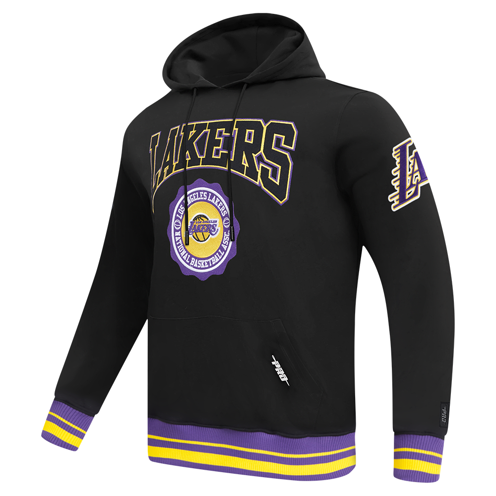 NBA LOS ANGELES LAKERS CREST EMBLEM MEN'S RIB PULLOVER HOODIE (BLACK/PURPLE)
