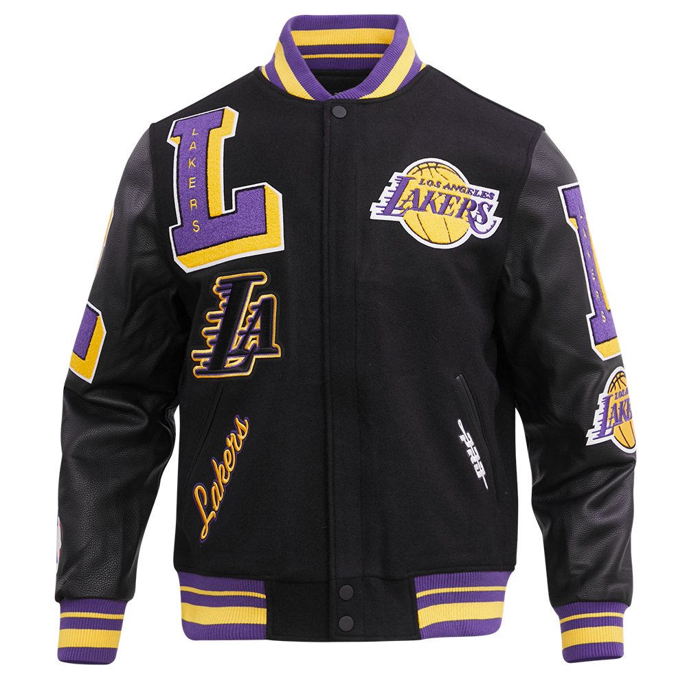 NBA LOS ANGELES LAKERS MASH UP BLOUSON COLLÉGIAL EN LAINE À BORDS CÔTELÉS POUR HOMME (NOIR/VIOLET)