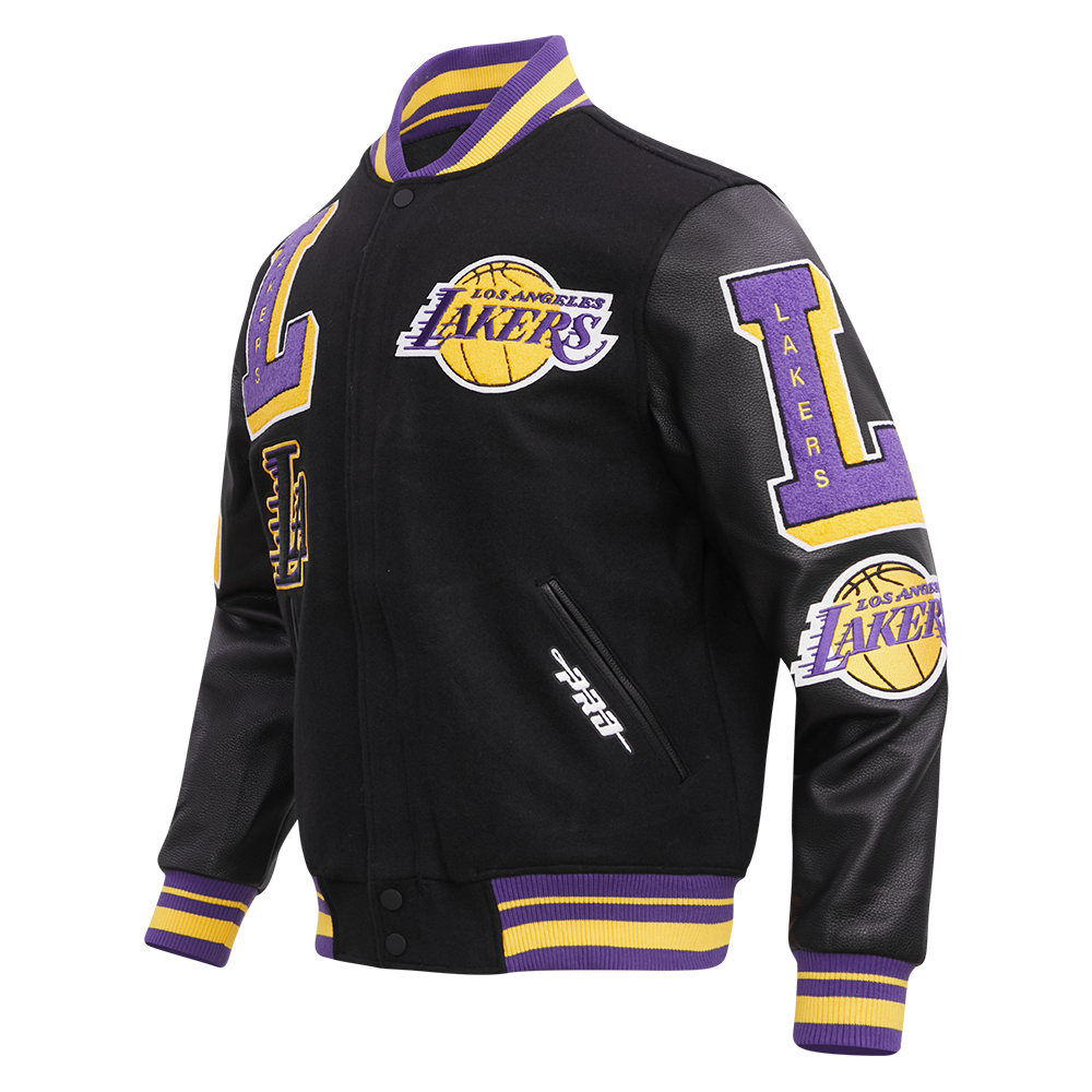 NBA LOS ANGELES LAKERS MASH UP BLOUSON COLLÉGIAL EN LAINE À BORDS CÔTELÉS POUR HOMME (NOIR/VIOLET)