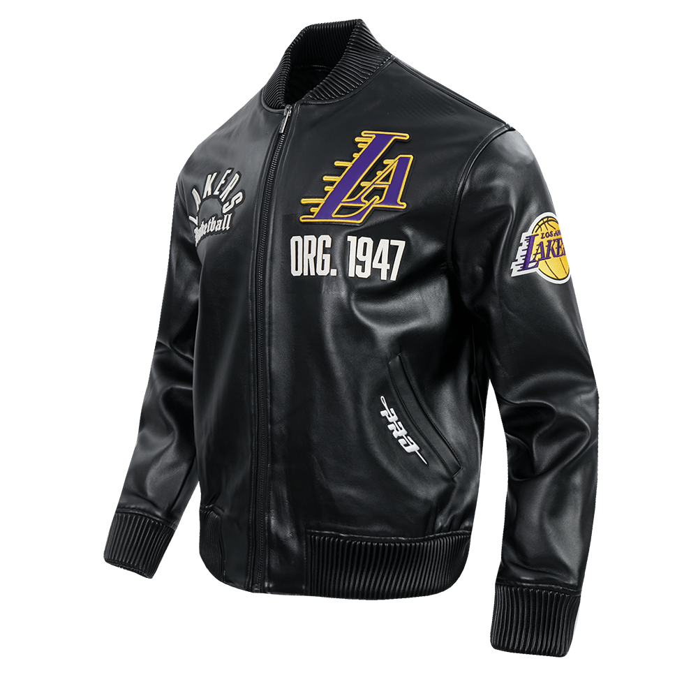 NBA LOS ANGELES LAKERS MODERN ORIGINALS MEN'S LEATHER VARSITY JACKET (JET BLACK)