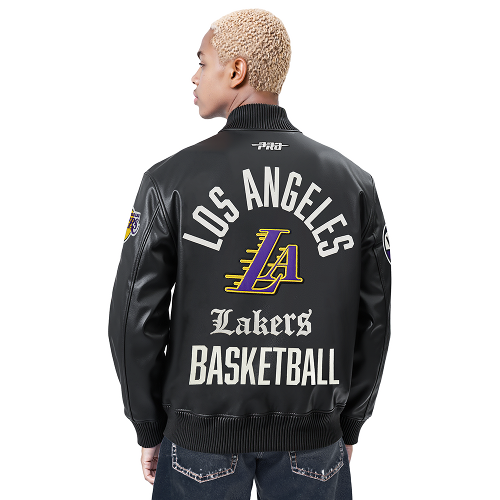 NBA LOS ANGELES LAKERS MODERN ORIGINALS MEN'S LEATHER VARSITY JACKET (JET BLACK)