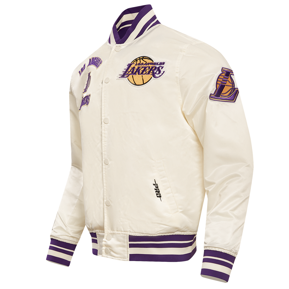 NBA LOS ANGELES LAKERS RETRO CLASSIC BLOUSON EN SATIN À BORDS CÔTELÉS POUR HOMME (COQUILLE D'ŒUF/VIOLET)