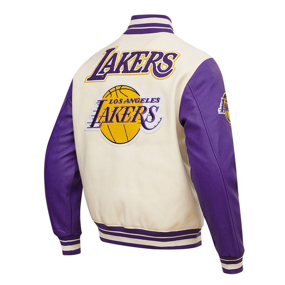 NBA LOS ANGELES LAKERS RETRO CLASSIC BLOUSON COLLÉGIAL EN LAINE À BORDS CÔTELÉS POUR HOMME (COQUILLE D'ŒUF/VIOLET)