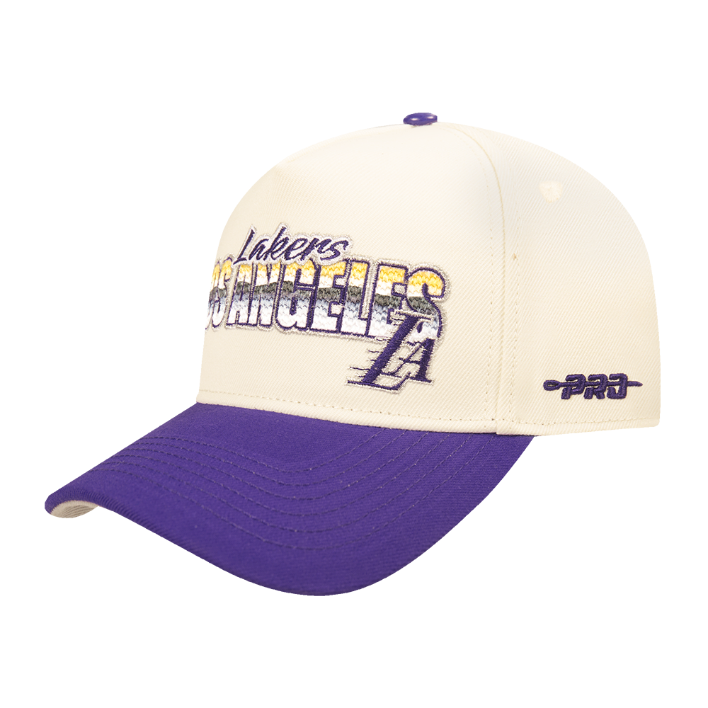 NBA LOS ANGELES LAKERS CHROME MEN'S PINCH FRONT SNAPBACK HAT (EGGSHELL/ PURPLE)