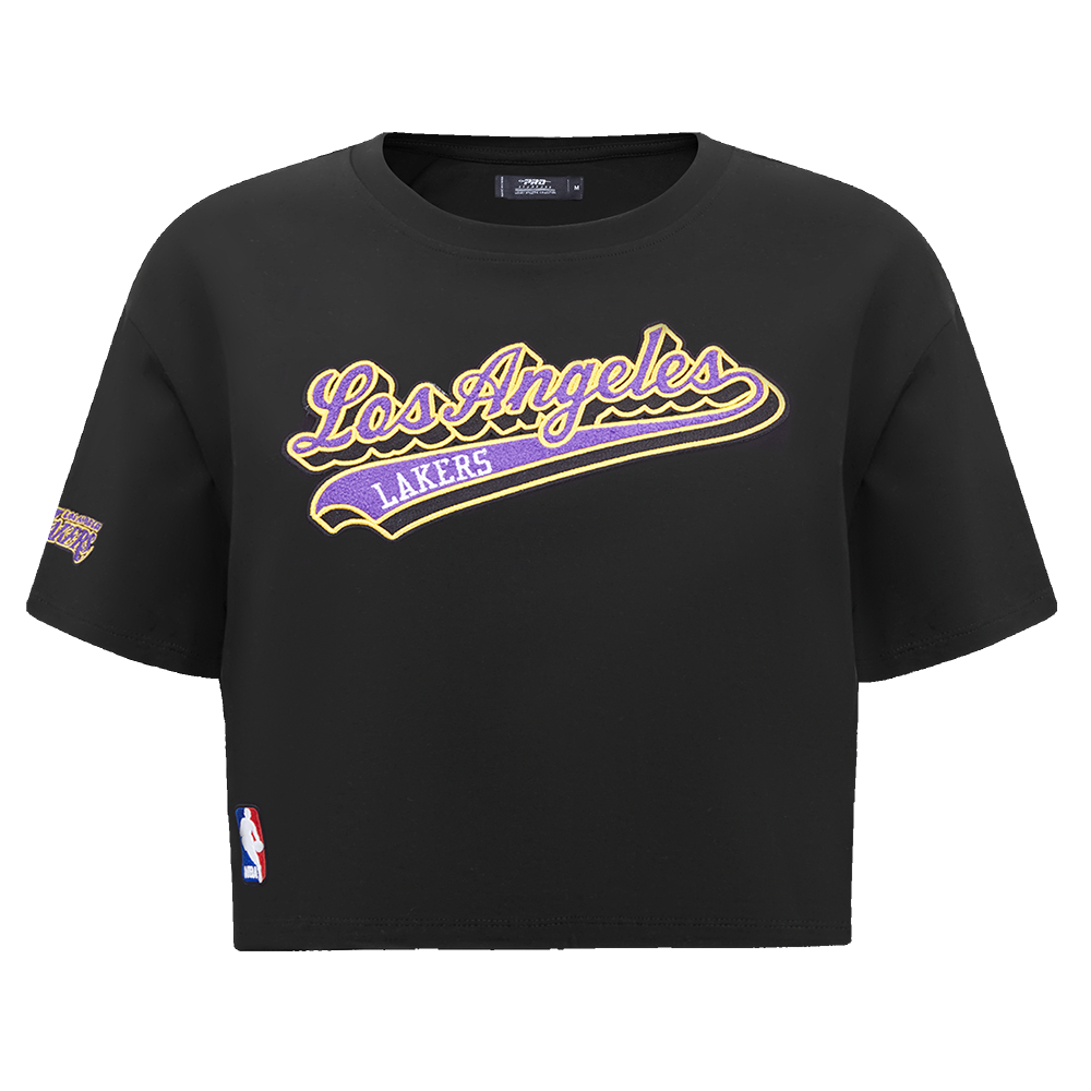 NBA LOS ANGELES LAKERS SCRIPT TAIL T-SHIRT EN JERSEY SIMPLE À COUPE CARRÉE POUR FEMME (NOIR)
