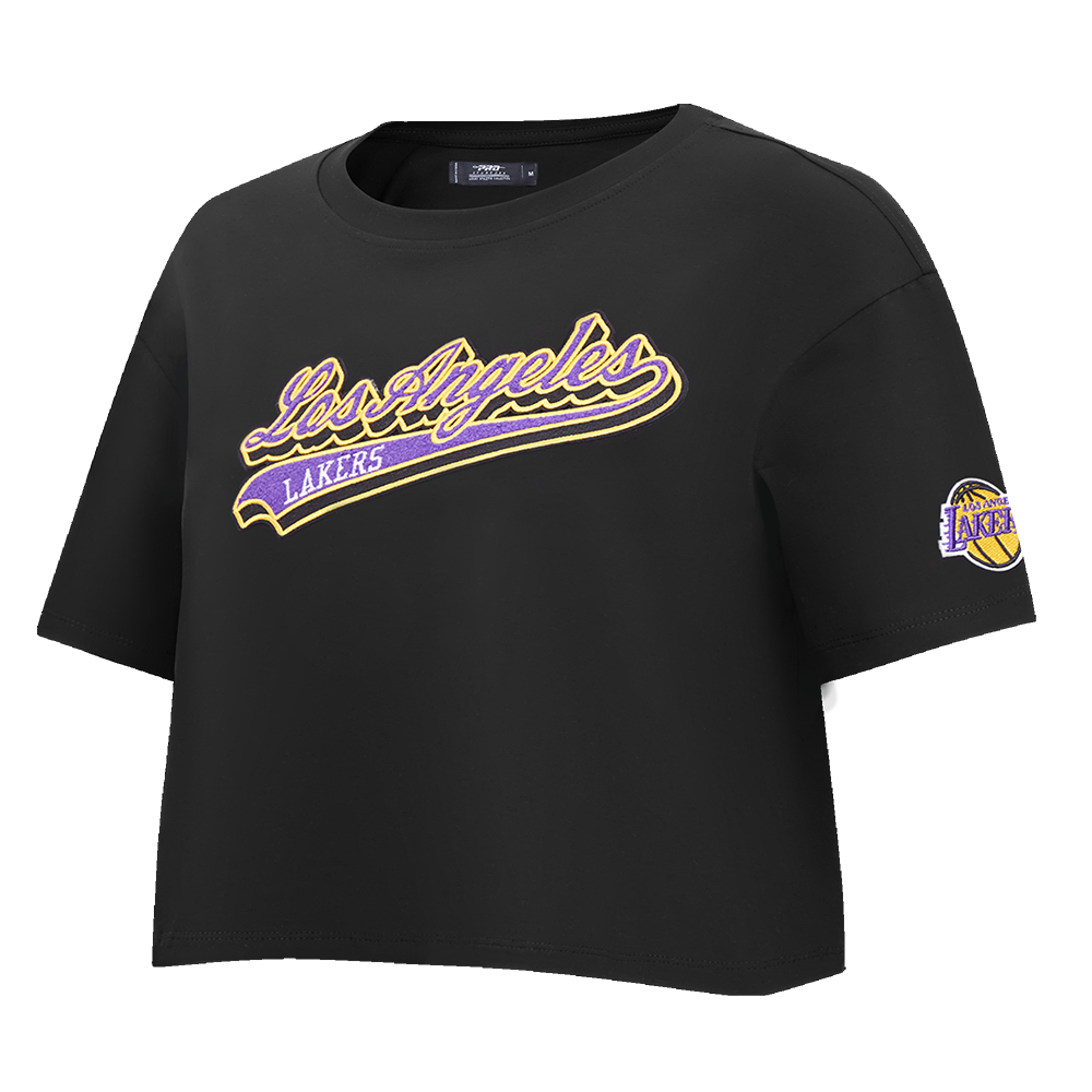 NBA LOS ANGELES LAKERS SCRIPT TAIL WOMEN'S SINGLE JERSEY BOXY TEE (BLACK)