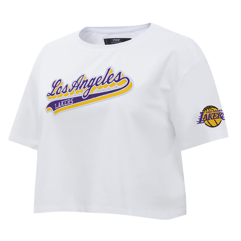 NBA LOS ANGELES LAKERS SCRIPT TAIL T-SHIRT EN JERSEY SIMPLE À COUPE CARRÉE POUR FEMME (BLANC)