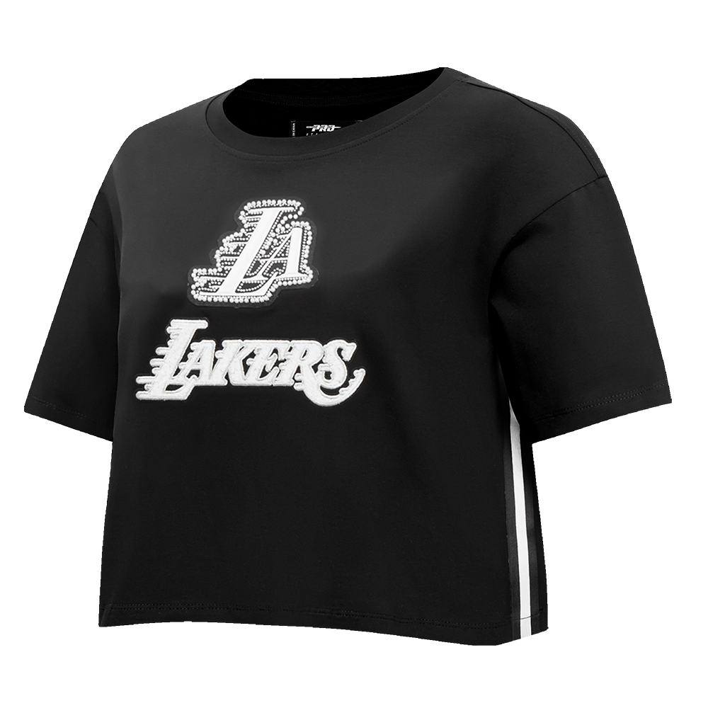 NBA LOS ANGELES LAKERS PEARLS WOMEN'S SINGLE JERSEY BOXY TEE (BLACK)