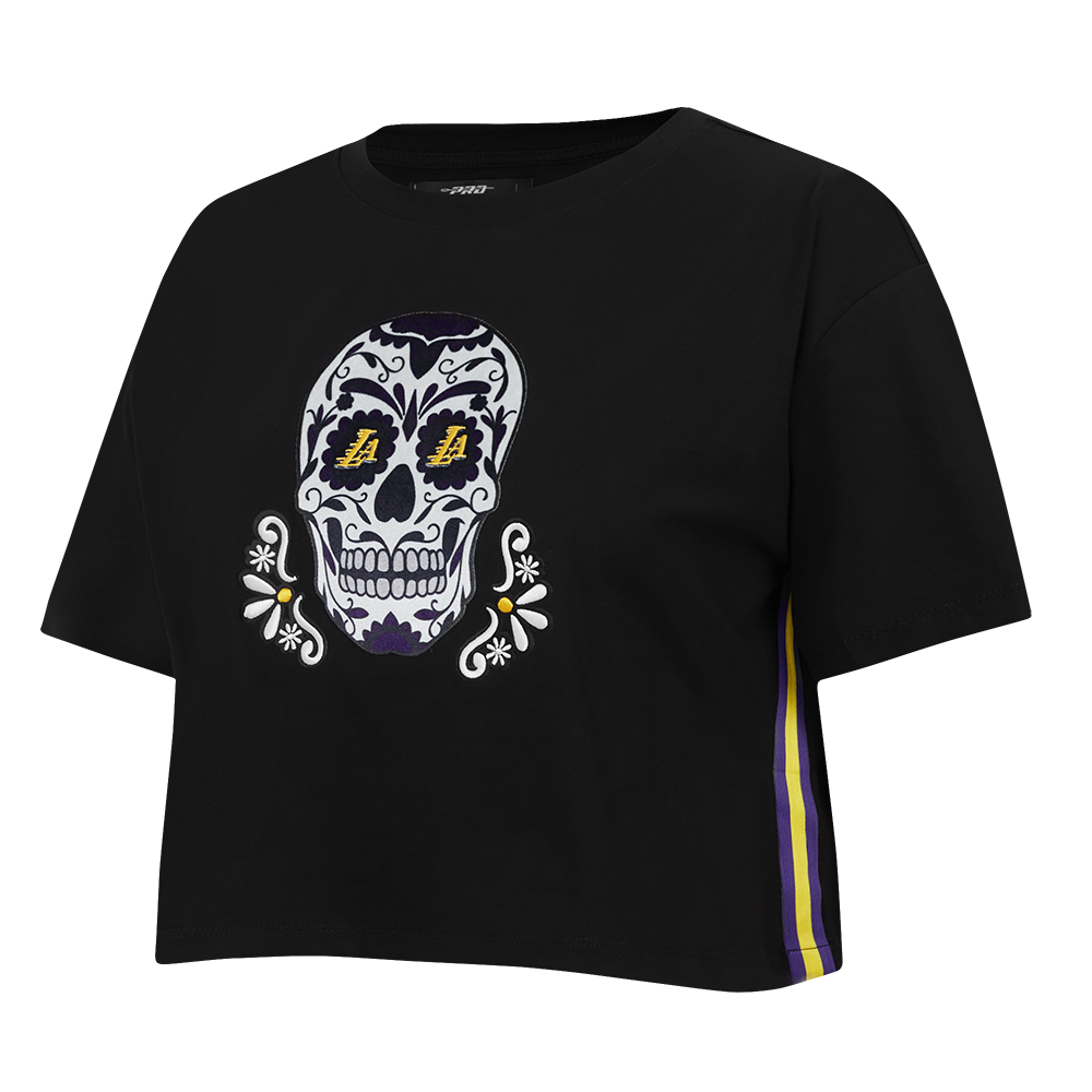 NBA LOS ANGELES LAKERS SUGAR SKULL WOMEN'S SINGLE JERSEY BOXY TEE (BLACK)