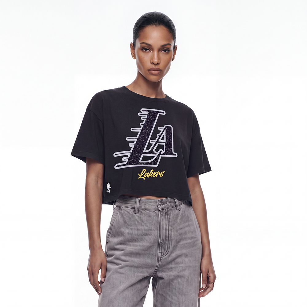 NBA LOS ANGELES LAKERS TEAM CRYSTALLINE WOMEN'S S/S BOXY TEE (WASHED BLACK)