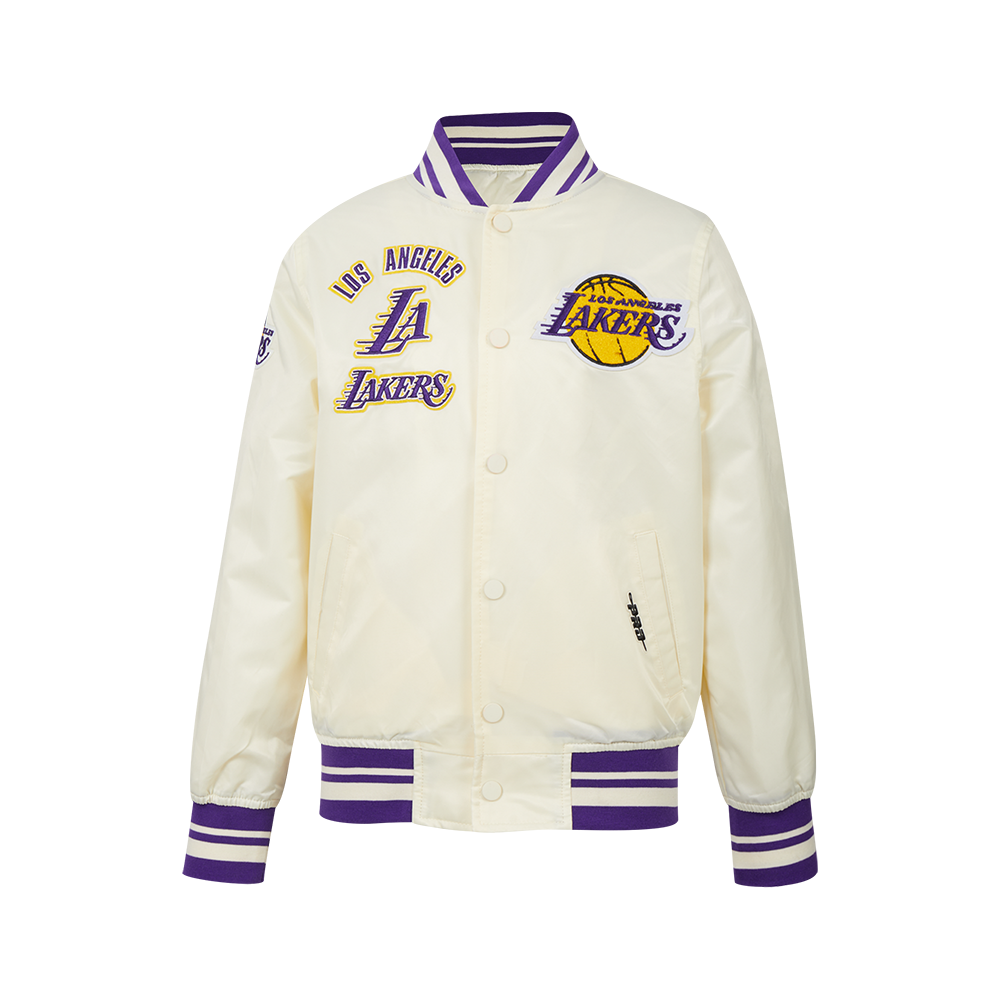 NBA LOS ANGELES LAKERS RETRO CLASSIC BLOUSON EN SATIN À BORDS CÔTELÉS POUR GARÇON JUNIOR (COQUILLE D'ŒUF/VIOLET)