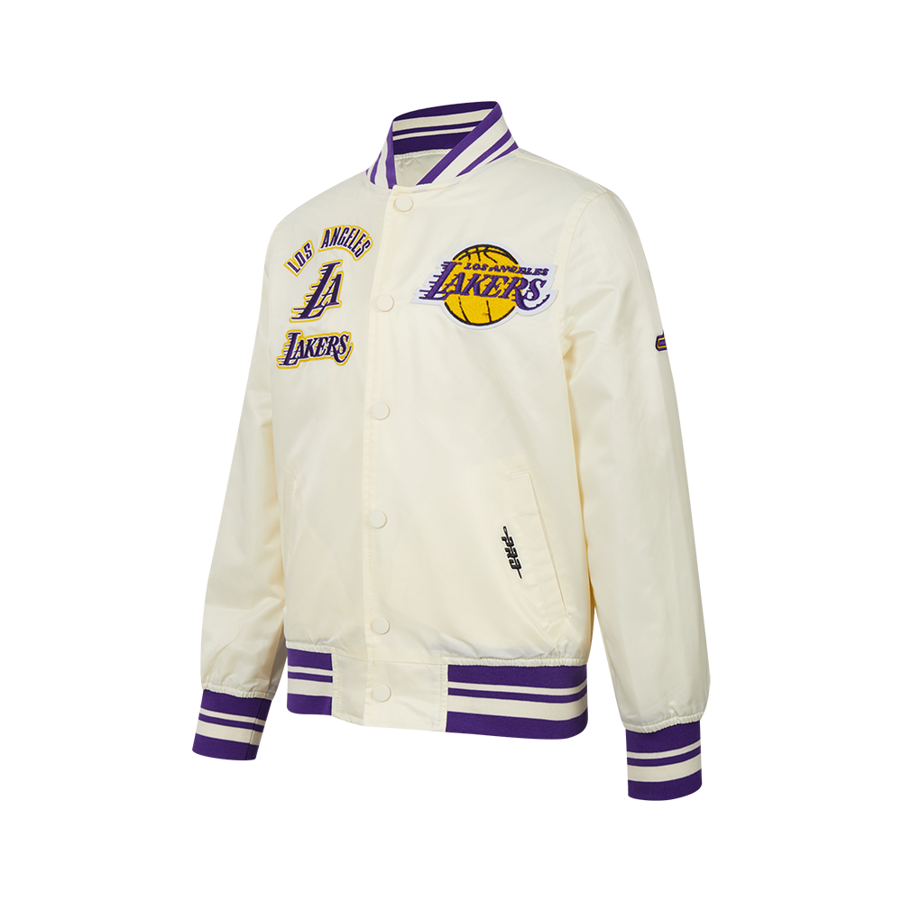 NBA LOS ANGELES LAKERS RETRO CLASSIC BLOUSON EN SATIN À BORDS CÔTELÉS POUR GARÇON JUNIOR (COQUILLE D'ŒUF/VIOLET)