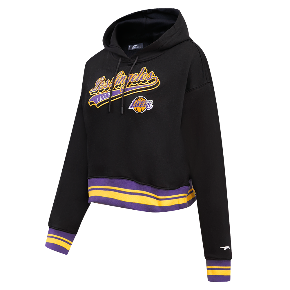 NBA LOS ANGELES LAKERS SCRIPT TAIL WOMEN'S RIB FLEECE CROPPED PULLOVER HOODIE (BLACK/PURPLE)