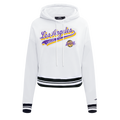 NBA LOS ANGELES LAKERS SCRIPT TAIL WOMEN'S RIB FLEECE CROPPED PULLOVER HOODIE (WHITE/BLACK)