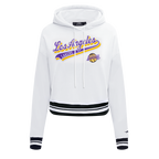 NBA LOS ANGELES LAKERS SCRIPT TAIL WOMEN'S RIB FLEECE CROPPED PULLOVER HOODIE (WHITE/BLACK)