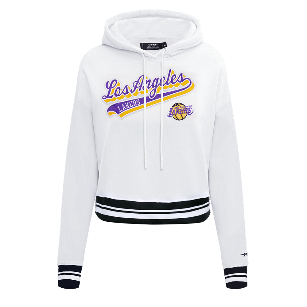 NBA LOS ANGELES LAKERS SCRIPT TAIL WOMEN'S RIB FLEECE CROPPED PULLOVER HOODIE (WHITE/BLACK)