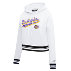 NBA LOS ANGELES LAKERS SCRIPT TAIL WOMEN'S RIB FLEECE CROPPED PULLOVER HOODIE (WHITE/BLACK)