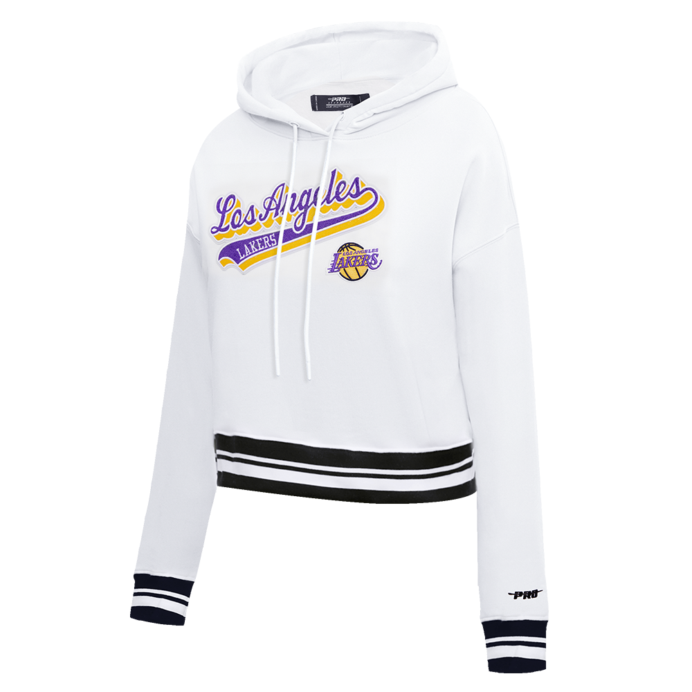 NBA LOS ANGELES LAKERS SCRIPT TAIL WOMEN'S RIB FLEECE CROPPED PULLOVER HOODIE (WHITE/BLACK)
