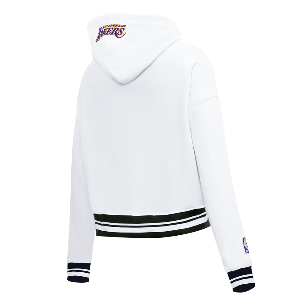 NBA LOS ANGELES LAKERS SCRIPT TAIL WOMEN'S RIB FLEECE CROPPED PULLOVER HOODIE (WHITE/BLACK)